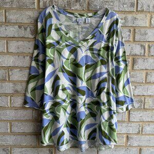 Nicole Miller 100% Cotton 3/4 Sleeve V-Neck Multicolor Abstract T-Shirt Size 3X